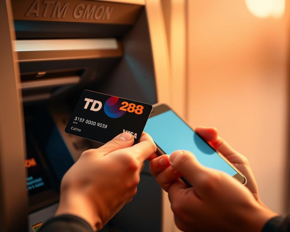 A close-up comparison of two hands withdrawing cash from an ATM machine, one hand holding a TD88 debit card and the other a smartphone. The scene is bathed in warm, diffused lighting, creating a sense of security and trust. The foreground is sharp and detailed, showcasing the tactile interaction with the withdrawal process, while the background is softly blurred, emphasizing the focus on the monetary transaction. The overall mood is one of financial empowerment and seamless digital integration, reflecting the versatility of popular cash withdrawal methods in the lucrative world of online gaming.