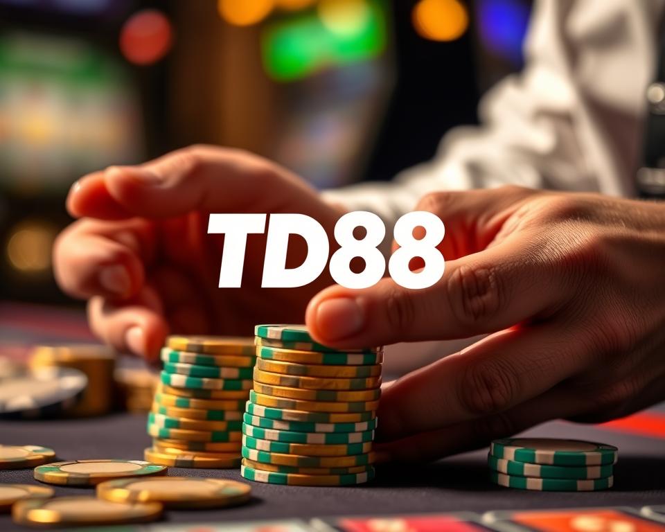 A close-up shot of a person's hands carefully counting a stack of casino chips, with the TD88 logo prominently displayed. The chips are in shades of gold and green, hinting at the high-stakes world of slot machine gambling. The background is slightly blurred, emphasizing the focus on the hands and the financial management aspect. The lighting is soft and warm, creating an atmosphere of thoughtful strategy and calculated risk-taking. The overall tone conveys the importance of responsible money management when pursuing the thrill of the "jackpot" in a game of chance.