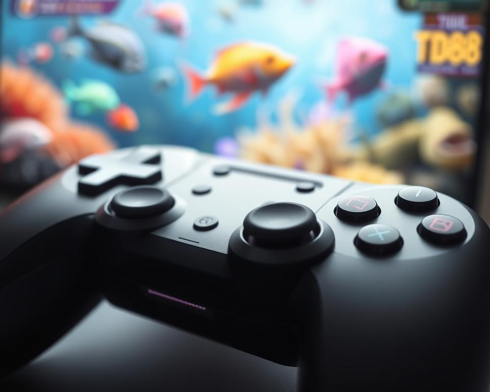 A close-up view of a modern video game controller with advanced features and AI-powered capabilities. The controller is sleek and minimalist, with a clean black and silver design. The surface is dotted with various buttons, joysticks, and sensors, all working together to provide an intuitive and responsive gaming experience. In the background, a blurred view of a vibrant, underwater-themed game environment, hinting at the smart features that enhance the gameplay of a mobile fishing game, such as "TD88". The lighting is soft and diffused, creating a sense of depth and emphasis on the controller's intelligent design.