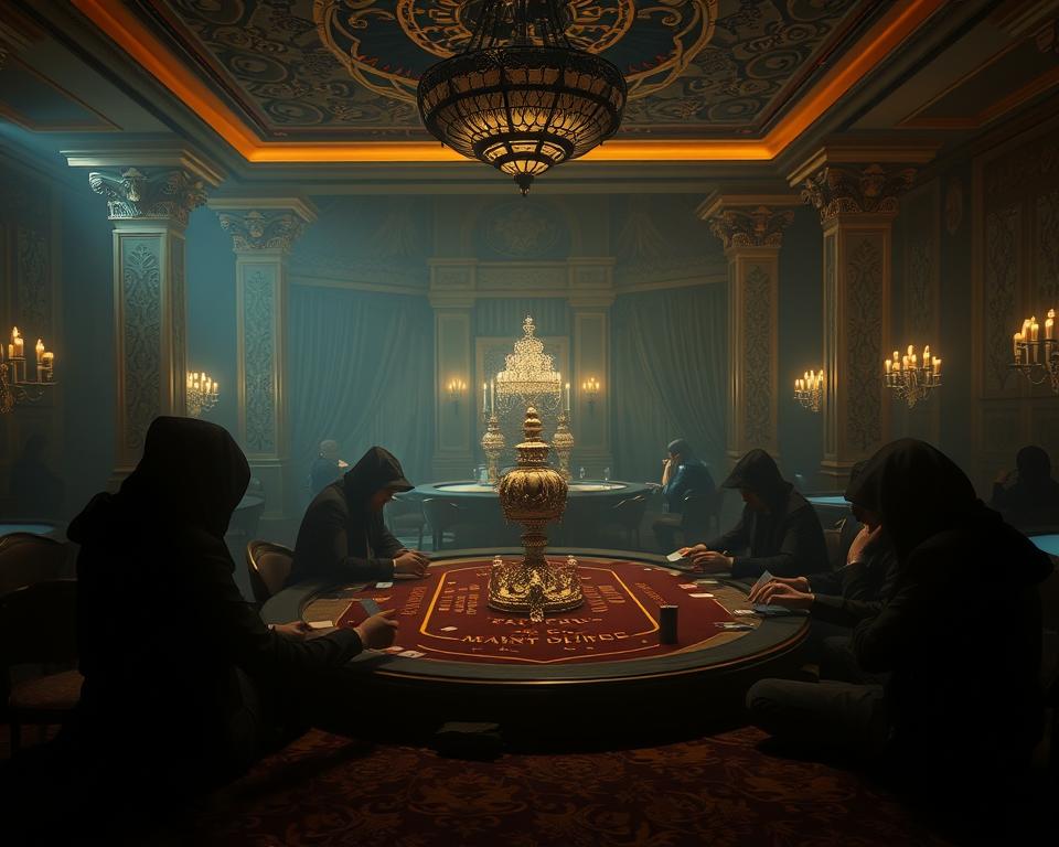 A complex and multilayered casino-style gambling system known as "TD88 OKVxx" operates in a dimly lit, opulent virtual environment. Intricate patterns and textures adorn the scene, creating a sense of sophistication and grandeur. In the foreground, shadowy figures engage in high-stakes card games, their expressions obscured by the low-key lighting. The middle ground features a lavish table topped with ornate decorations, casting an alluring glow. In the background, a luxurious backdrop of gilded columns and lush draperies sets the stage for this illicit enterprise. The overall atmosphere is one of temptation, secrecy, and a sinister undercurrent, hinting at the deceptive nature of this "TD88 OKVxx" system.