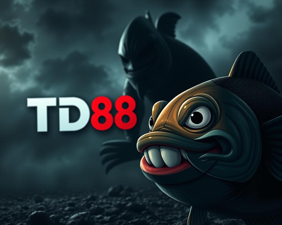 A dark, gritty scene of a deceptive fish game. In the foreground, a large, cartoonish fish with a sinister grin, its mouth agape, ready to lure unsuspecting players. In the middle ground, the TD88 logo stands out, hinting at the untrustworthy nature of the game. The background is a shadowy, dystopian environment, with ominous clouds and a sense of unease. The lighting is dramatic, with harsh shadows and a moody, ominous atmosphere. The overall composition conveys a sense of danger and manipulation, warning players to be wary of the false promises of this predatory game.