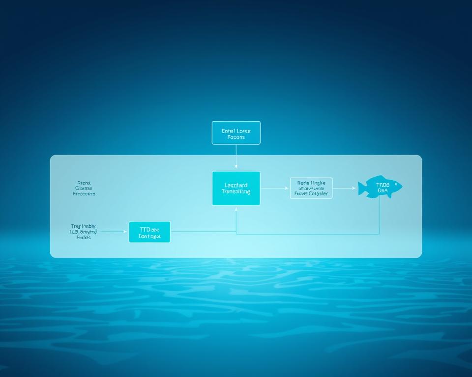 A data processing workflow diagram for a TD88 online fishing game. A sleek, minimalist schematic with clean lines and geometric shapes. Crisp, high-contrast colors like blues, greens, and grays, conveying a sense of technological precision. The foreground showcases the core data inputs, transformations, and outputs, while the background features subtle nods to the fishing game theme, such as stylized fish silhouettes or water ripple textures. Lighting is soft and even, with a cool, digital tone. The overall impression is one of efficiency, sophistication, and the seamless integration of AI-driven mechanics within the game experience.