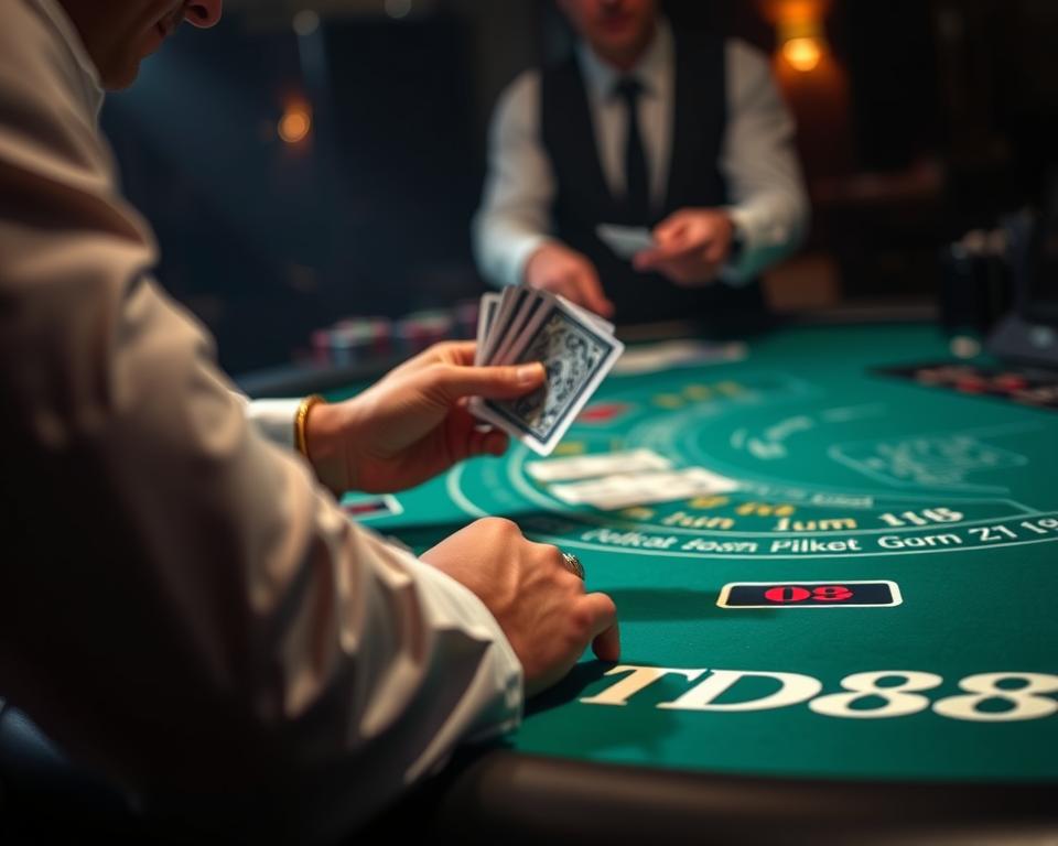 A dimly lit casino table, the green felt surface a canvas for the high-stakes game of Blackjack. The dealer's hands expertly shuffle a deck of cards, the crisp sound echoing through the room. In the foreground, a player's focused expression as they strategize their next move, the TD88 logo subtly present on the table's edge. The background is hazy, highlighting the intensity of the game, with subtle lighting casting dramatic shadows across the scene. An air of anticipation and calculated risk permeates the atmosphere, capturing the essence of Blackjack - a game of strategy and chance.