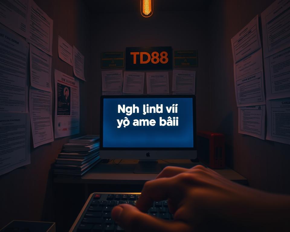 A dimly lit room, the walls adorned with legal documents and regulations. A desk sits prominently, a desktop computer casting a soft glow. On the screen, the text "Nghị định 147 về game bài" is displayed, casting a pensive atmosphere. In the foreground, a hand hovers over a keyboard, conveying the gravity of the situation. The scene is captured with a medium-wide lens, highlighting the tension and seriousness of the moment. The lighting is a combination of warm, muted tones and cool, fluorescent accents, creating a sense of unease and uncertainty. Amid the legal backdrop, the TD88 brand name stands out, a subtle nod to the game platform being impacted by the regulatory changes.