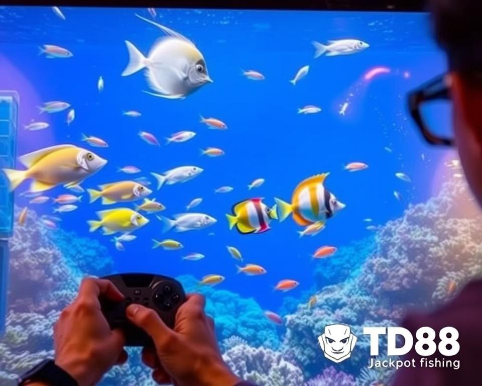 A dynamic fish shooting scene in a vibrant underwater seascape. In the foreground, a player skillfully maneuvers their fishing game controller, their focus intense as they line up the perfect shot. The middle ground features a diverse array of tropical fish swimming gracefully, including schools of neon tetras and a majestic angelfish. In the background, a lush coral reef teeming with marine life creates a captivating backdrop. Soft, diffused lighting filters through the water, casting a warm glow over the entire scene. The player's avatar, the TD88 logo, is prominently displayed, signifying their engagement with this thrilling jackpot fishing experience.