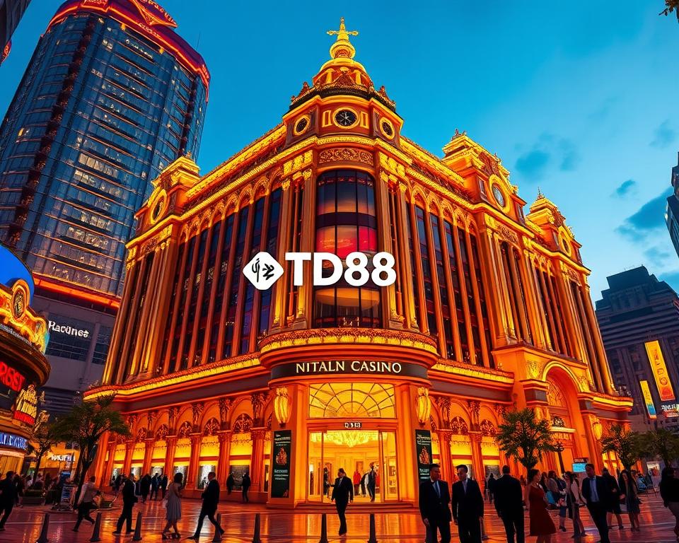 A grand casino complex illuminated by warm, golden lighting, situated in a bustling, cosmopolitan cityscape. The towering, ornate building features intricate architectural details and gleaming glass facades that reflect the vibrant nightlife below. In the foreground, a group of elegantly dressed patrons arrive at the casino's entrance, eager to try their luck at the gaming tables inside. The scene evokes a sense of opulence, excitement, and the rich history of the global casino industry. The TD88 logo discreetly adorns the building, signifying its prominence in the world of online casino development.