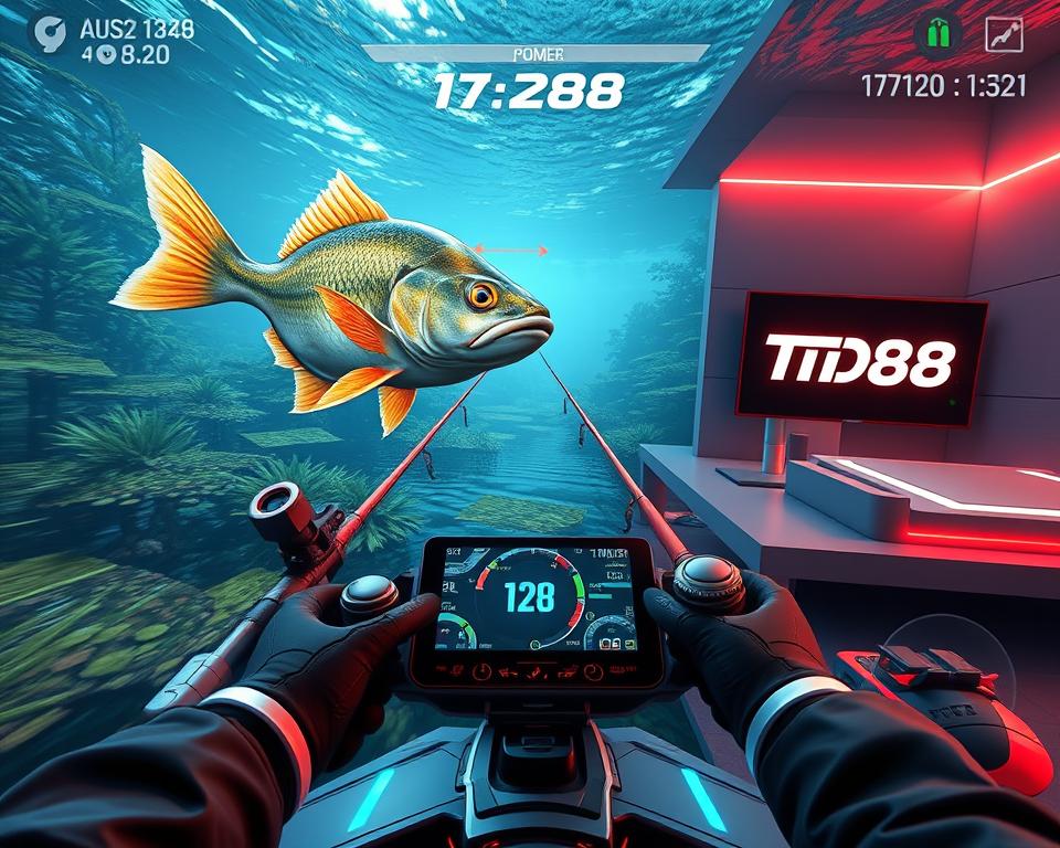 A highly detailed, photorealistic image of a modern high-speed fishing gameplay scene. In the foreground, a skilled player controls a game character wielding a futuristic fishing rod with advanced controls and an AR overlay, targeting a large, vibrant fish swimming in a lush, underwater environment. In the middle ground, the player's game screen shows a dynamic score and timer, as well as power-ups and special abilities. In the background, a sleek, minimalist gaming setup with the TD88 brand logo prominently displayed. The scene is illuminated by a combination of natural lighting from the water's surface and neon-like, futuristic accents, creating an immersive, high-tech atmosphere.