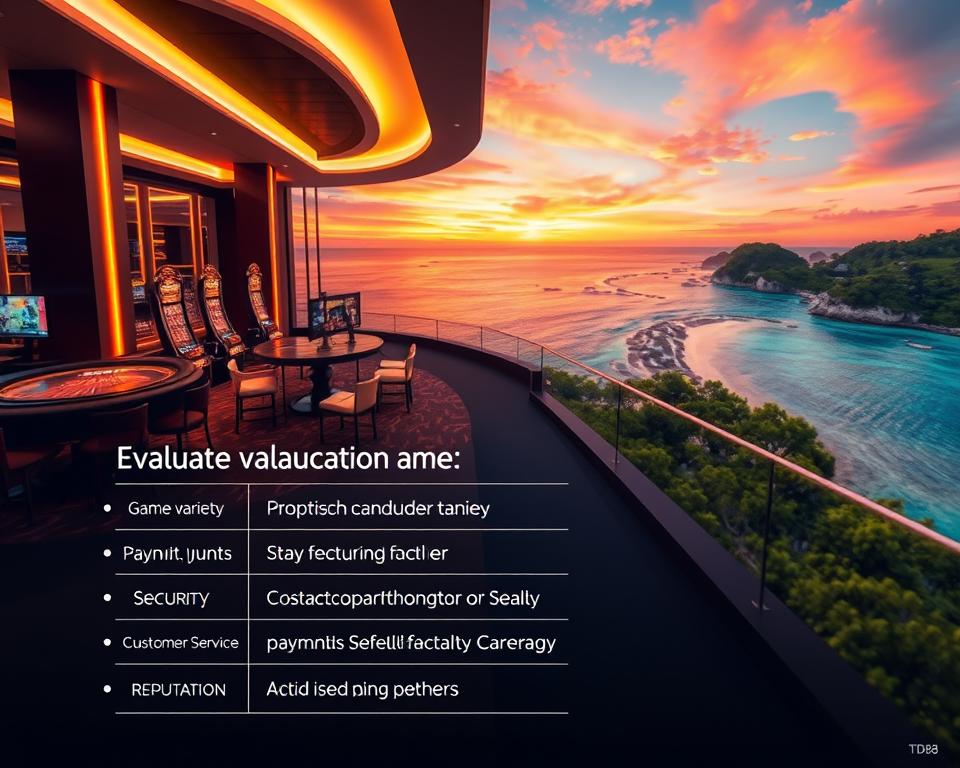 A highly detailed, realistic illustration showcasing the key criteria for evaluating a reputable online fish shooting game platform (TD88). The foreground displays a neatly organized list of evaluation factors such as game variety, payouts, security, customer service, and reputation. The middle ground features a modern, sleek casino environment with elegant lighting and furnishings, conveying a sense of trustworthiness and professionalism. The background depicts a serene, picturesque coastal landscape with crystal clear waters, lush greenery, and a vibrant sunset sky, evoking a relaxing, high-quality gaming experience. The overall scene is rendered with a cinematic, photorealistic style using a wide-angle lens and soft, warm lighting to create depth, balance, and visual appeal.