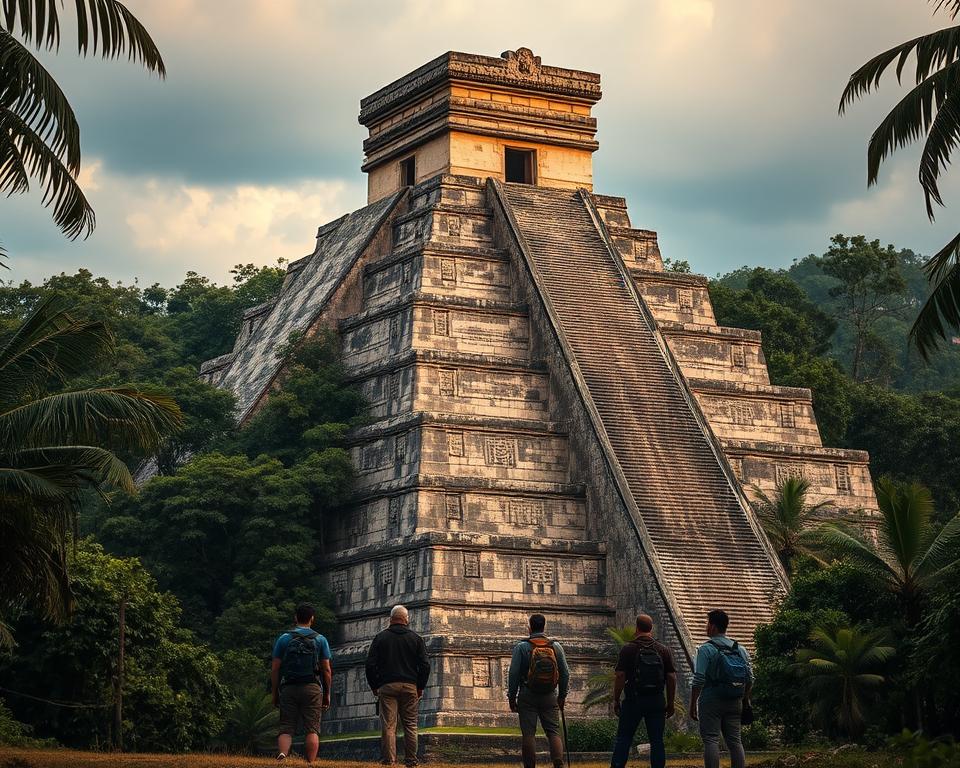 A lush, ancient Mayan city emerges from the dense jungle, its towering pyramids and ornate temples bathed in warm, golden light. Intricate carvings and hieroglyphs adorn the weathered stone facades, hinting at the civilization's rich history and mystical traditions. In the foreground, a group of adventurers, equipped with modern gear, stand in awe of the TD88 Mayan ruins, embarking on a journey to uncover the hidden secrets of this lost world. The scene is captured with a cinematic, wide-angle lens, emphasizing the grandeur and scale of the environment, while subtle atmospheric haze and dramatic lighting create a sense of wonder and mystery.