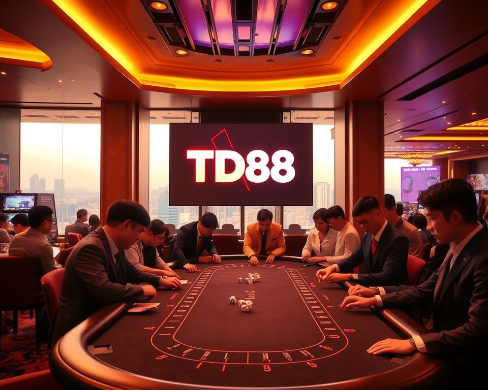 A lush, modern casino interior set in Vietnam, bathed in warm, ambient lighting. In the foreground, a group of well-dressed patrons gathered around a sleek, felt-topped gaming table, their expressions intense as they place bets on the roll of the dice. The middle ground features the iconic TD88 logo prominently displayed on a large LED screen, casting a vibrant glow over the scene. The background showcases a panoramic view of the bustling city skyline, hinting at the thriving online casino industry in Vietnam. The overall atmosphere exudes a sense of sophistication, excitement, and the allure of high-stakes gaming.