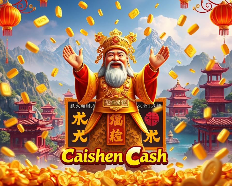 A lush, vibrant scene of the Caishen Cash slot game by TD88. In the foreground, the iconic gilded deity Caishen stands triumphantly, his arms outstretched as golden coins and ingots rain down around him. The middle ground features the ornate game interface, with crisp symbols and dynamic animations that draw the eye. In the background, a serene Chinese landscape unfolds, with majestic mountains, pagodas, and a calming river. The lighting is warm and inviting, casting a celebratory glow over the entire scene. Capture the essence of good fortune and prosperity that embodies the Caishen Cash experience.
