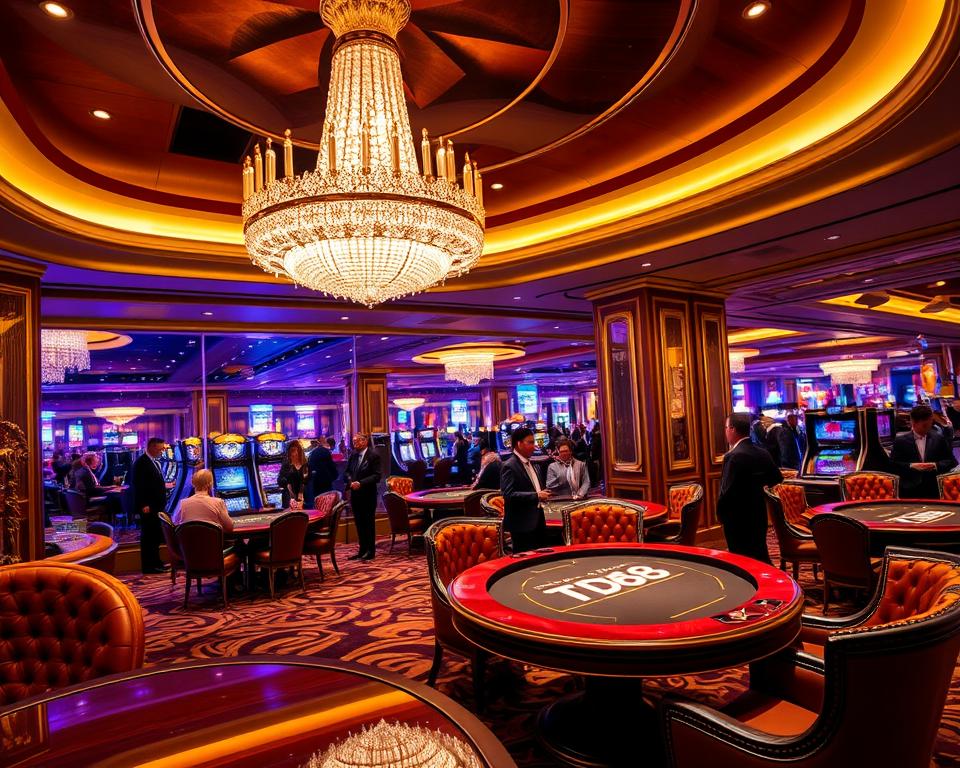 A luxurious VIP casino interior with opulent decor and sophisticated ambiance. Plush velvet furnishings, gilded accents, and a stunning crystal chandelier casting a warm glow across the scene. In the foreground, a lavish VIP lounge with a glossy hardwood table and leather armchairs. The middle ground features a high-stakes gaming table with TD88 branding, surrounded by well-dressed patrons. The background showcases a panoramic view of the casino floor, bustling with activity. An atmosphere of exclusivity, indulgence, and the thrill of high-stakes gambling.