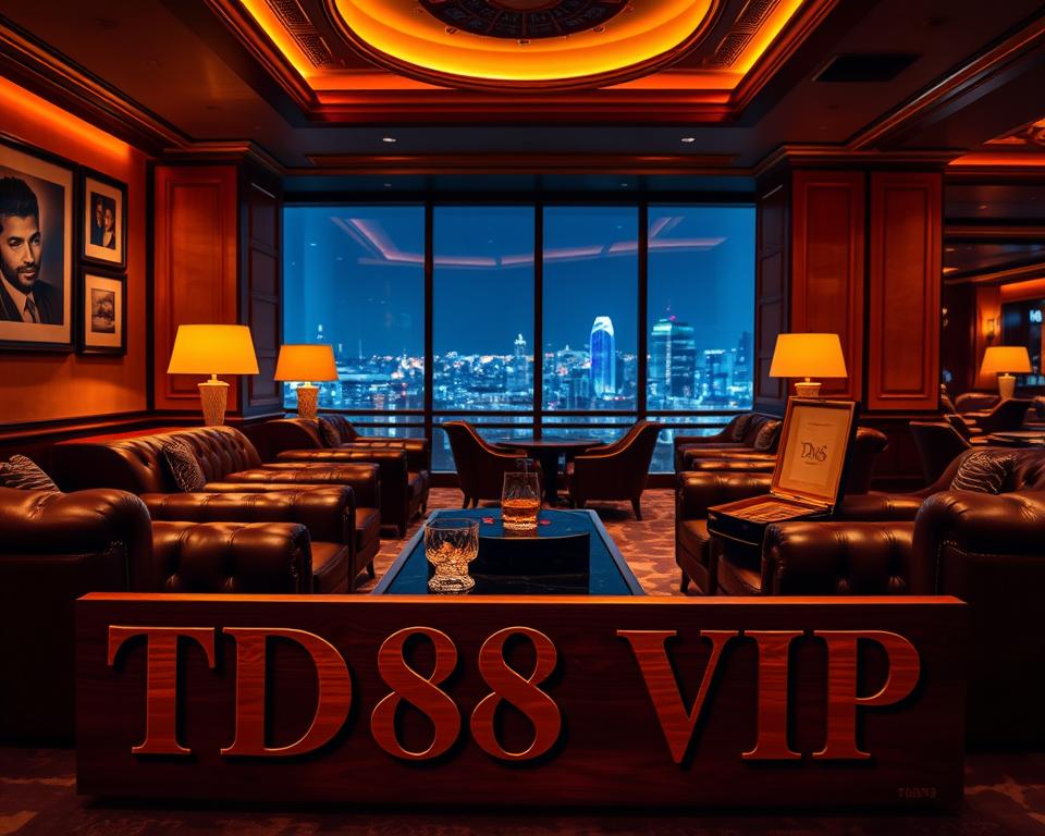 A luxurious and exclusive casino VIP lounge, dimly lit with warm amber lighting. Plush leather armchairs and mahogany furniture set an air of sophistication. On the center table, a crystal glass of aged whiskey and a humidor of premium cigars. The walls are adorned with framed black and white photography, conveying a sense of timeless elegance. In the foreground, a large, ornate wooden sign reads "TD88 VIP". The background features a panoramic view of a bustling city skyline, hinting at the high-stakes world of the casino. An atmosphere of exclusivity, luxury, and indulgence pervades the scene.