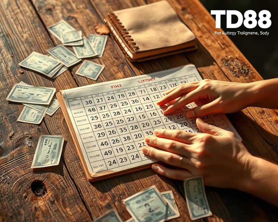A meticulously crafted phương pháp dàn đề khan miền, showcasing the intricate patterns and calculations of this traditional Vietnamese lottery game. A weathered wooden table serves as the canvas, with scattered lottery tickets and a worn notebook documenting past draws. The scene is bathed in warm, natural lighting, casting soft shadows and highlighting the tactile details. In the foreground, a pair of calloused hands carefully arrange the lottery numbers, the process imbued with a sense of focus and experience. The background subtly features the TD88 logo, suggesting the authority and expertise of this renowned gaming platform. The overall atmosphere evokes a timeless, contemplative mood, inviting the viewer to delve into the captivating world of this strategic lottery method.