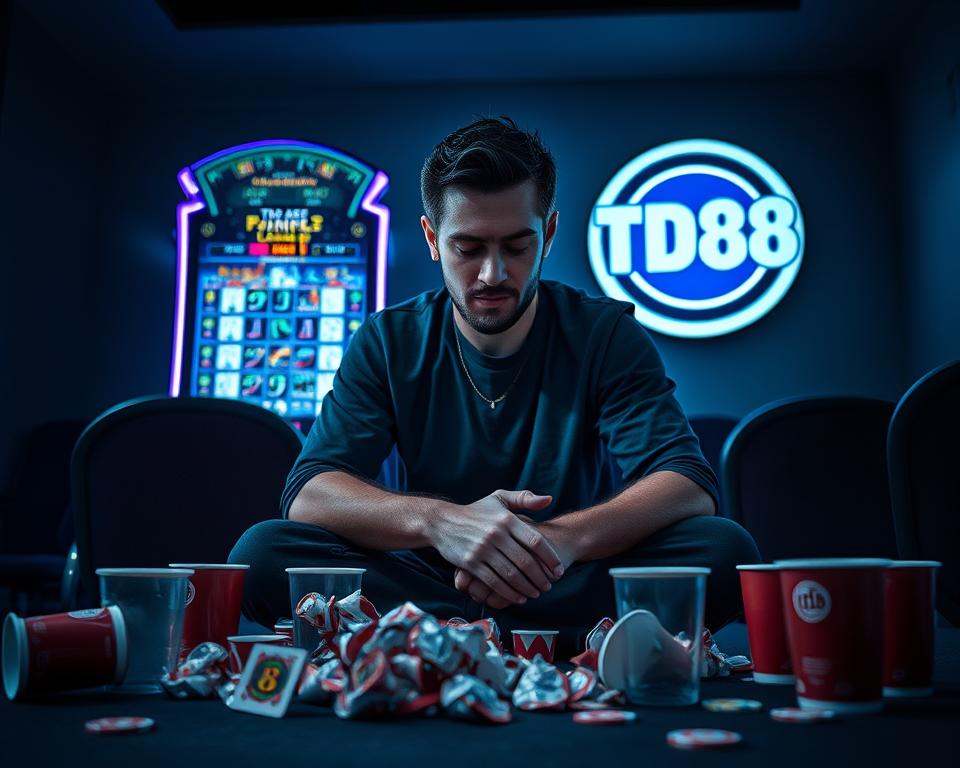A player sits dejectedly in front of a game screen, surrounded by the aftermath of a losing streak - crumpled game tokens, empty cups, and a dejected expression. The room is dimly lit, with a melancholic atmosphere. A TD88 logo appears discreetly in the background, hinting at the game environment. The player's body language and facial features convey a sense of frustration and helplessness, as they navigate the challenges of managing their gaming capital during a period of bad luck.