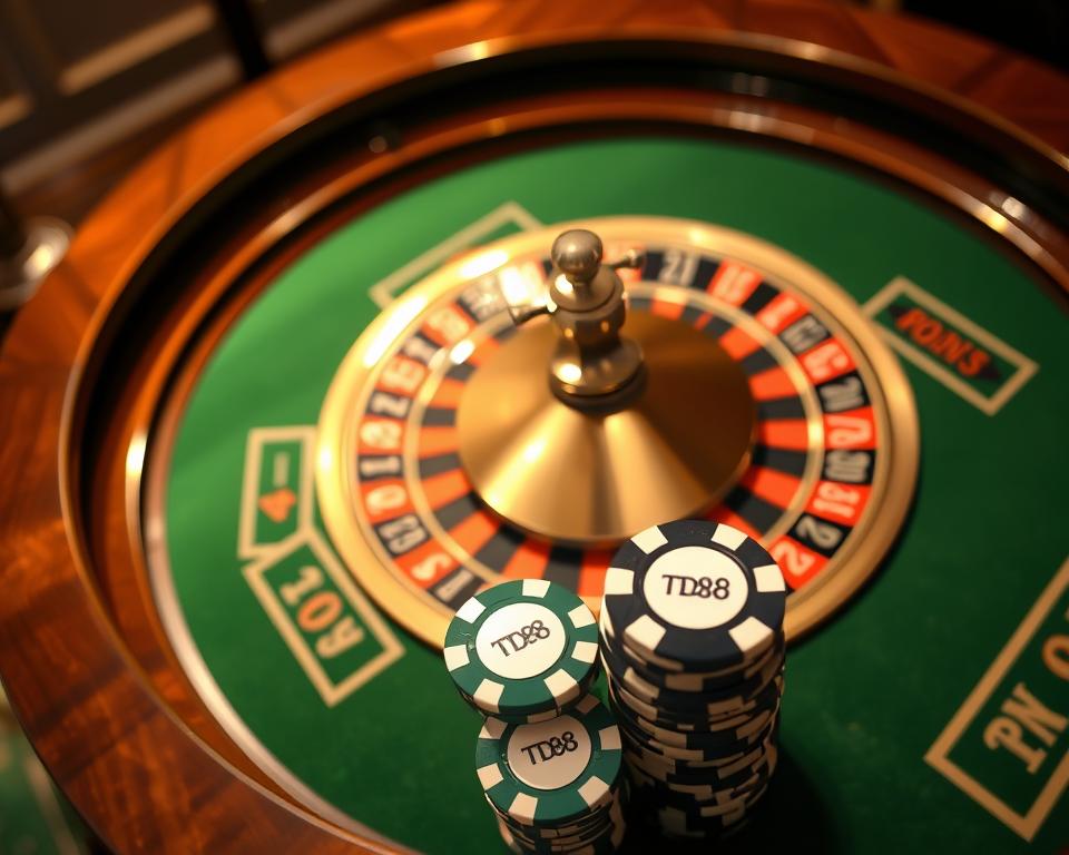 A roulette table with a detailed overhead view, showcasing the spinning wheel and numbered slots. The table surface is made of rich green felt, with the numbered pockets clearly visible. Elegant wooden edges frame the table, exuding a classic casino atmosphere. Subtle lighting casts a warm, inviting glow, creating a sense of anticipation. In the foreground, a stack of casino chips in the brand colors of TD88 sits ready for betting. The overall scene captures the strategic essence of roulette, inviting the viewer to consider the odds and possibilities of this iconic casino game.
