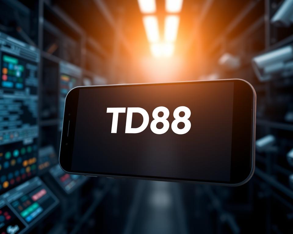 A secure mobile casino interface with the TD88 brand logo prominently displayed. A sleek, minimalist design features advanced biometric authentication options like facial recognition and fingerprint scanning, emphasizing the focus on data privacy and user security. The background blurs out to showcase a sophisticated network of encrypted data channels, firewalls, and surveillance systems, creating an atmosphere of technological sophistication and reliable protection. Subtle lighting accentuates the clean lines and digital aesthetic, conveying a sense of trust and assurance for the mobile casino experience.