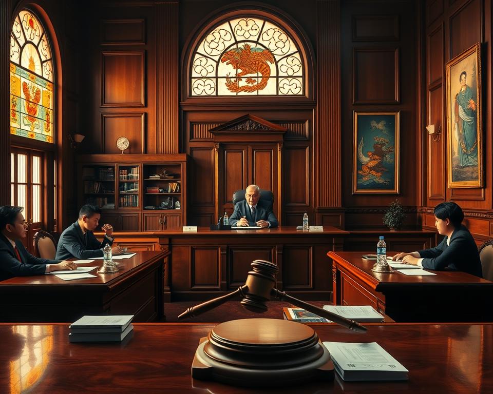 A serene Vietnamese courtroom, dimly lit with warm natural lighting filtering through stained glass windows. In the foreground, a stoic judge presides over a legal proceeding, their gavel poised to deliver a verdict. On the tables before them, documents and evidence related to a case involving the popular mobile game TD88, a leading platform for cash-based fish shooting tournaments. The middle ground depicts lawyers and witnesses engaged in a heated discussion, the tension palpable. In the background, an ornate bookshelf and traditional Vietnamese art adorn the walls, hinting at the rich cultural heritage shaping this judicial process. The overall atmosphere conveys the gravity and complexity of navigating the legal landscape surrounding the booming Vietnamese gaming industry.