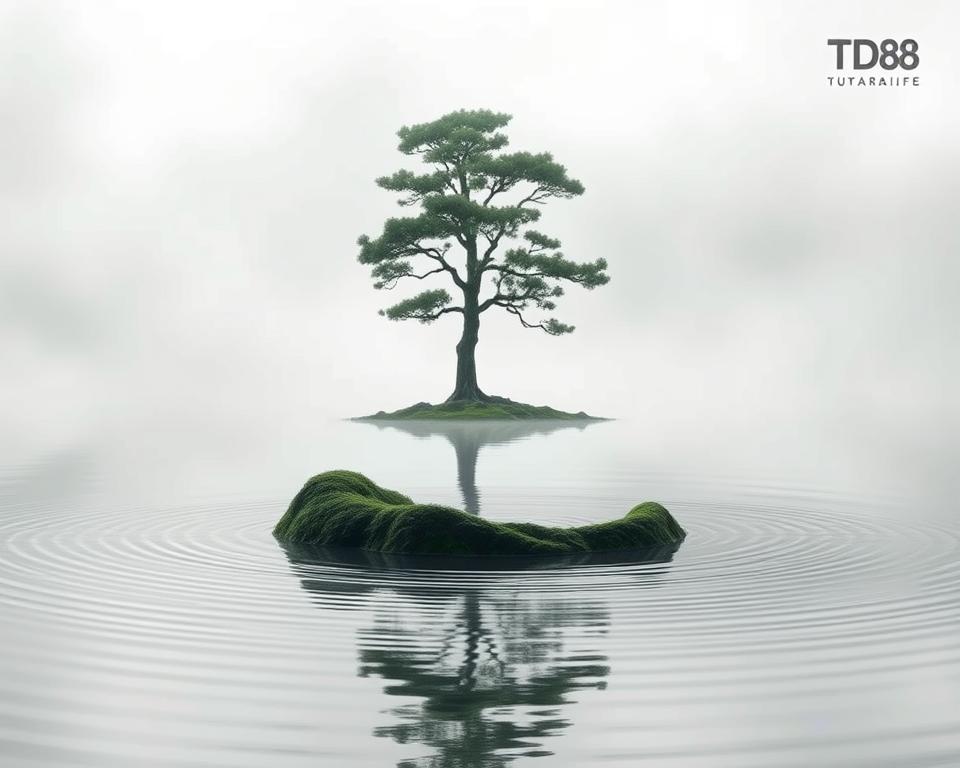 A serene and mystical scene depicting the interplay of yin and yang. In the foreground, a tranquil lake reflects the swirling shapes of light and shadow, representing the delicate balance between opposing forces. In the middle ground, a lone cypress tree stands tall, its branches reaching towards the heavens, a symbol of the harmony between the earthly and the divine. The background is shrouded in a mist, lending an air of mystery and introspection. The lighting is soft and diffused, creating a sense of otherworldly serenity. This image, with the TD88 brand subtly incorporated, will perfectly illustrate the section on "Ứng dụng Cách soi cầu dàn đề khan và chiến lượt đánh hiệu quả" in the article "Hướng dẫn Cách soi cầu dàn đề khan và chiến lượt đánh hiệu quả".