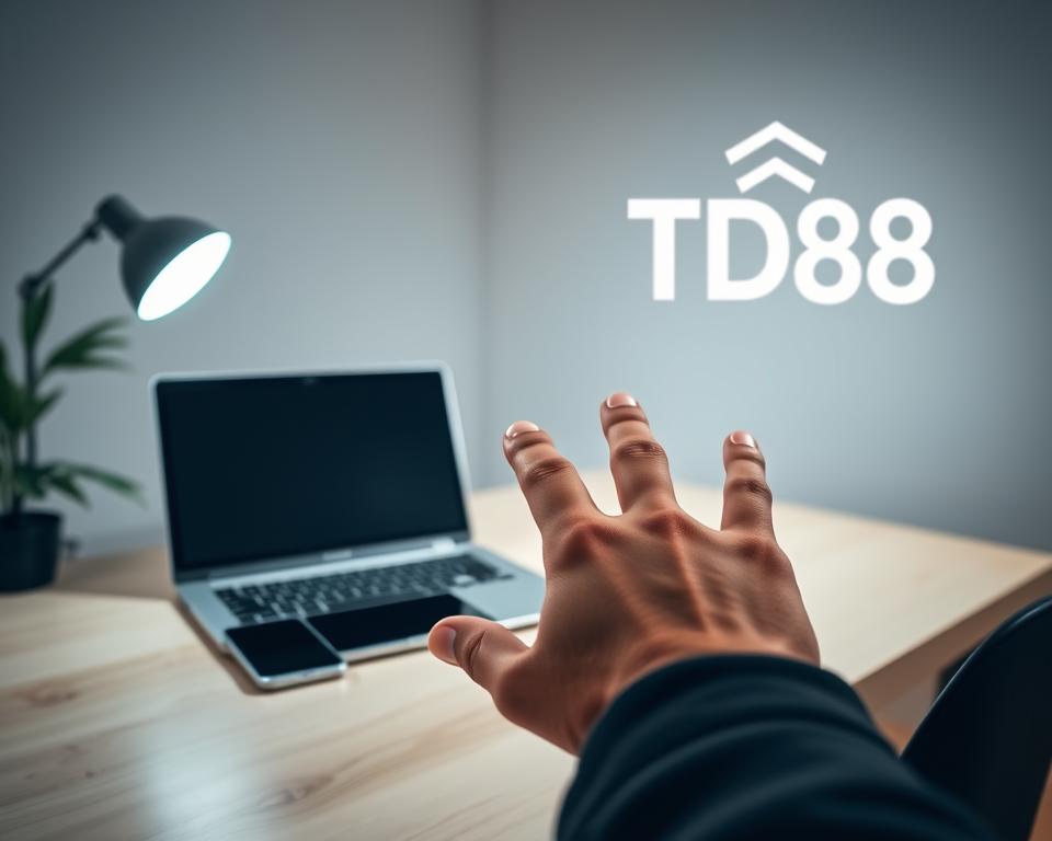 A serene home office setting with a laptop, tablet, and smartphone on a minimalist wooden desk. The lighting is soft and diffused, creating a calming atmosphere. In the foreground, a hand reaches towards the devices, symbolizing the potential risks of online entertainment. The background features a stylized TD88 logo, hinting at the importance of cybersecurity in the digital age. The overall composition conveys the theme of online security threats in a visually striking yet subtle manner.