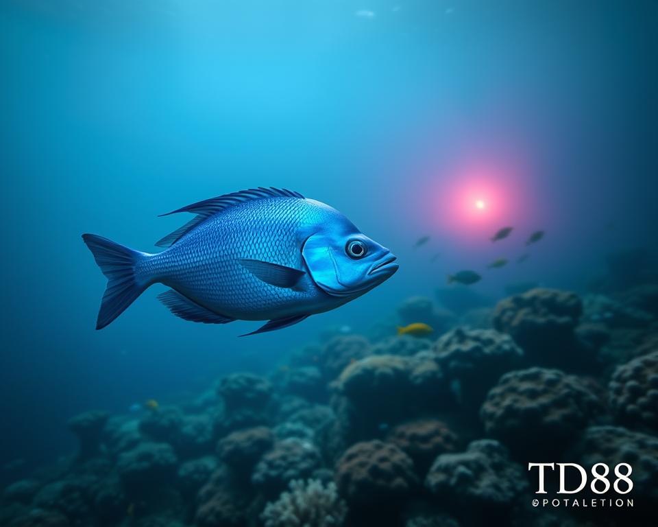 A serene underwater scene, illuminated by soft, diffused lighting. The foreground features a stunning, iridescent blue fish, its scales glimmering with an otherworldly beauty. The middle ground showcases a variety of vibrant, exotic aquatic life, including schools of tropical fish and swaying coral formations. In the background, a mysterious, dimly lit seascape unfolds, hinting at the hidden depths and riches of the aquatic realm. The overall mood is one of tranquility and wonder, inviting the viewer to immerse themselves in the captivating world of rare and valuable aquatic species. A discreet "TD88" logo appears in the bottom right corner, signifying the brand's association with this exceptional aquatic experience.