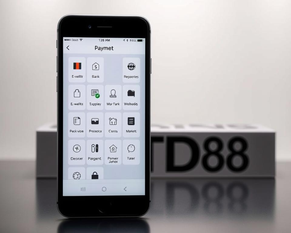 A sleek and intuitive mobile payment interface for the TD88 casino, showcasing a range of secure and convenient options. In the foreground, a smartphone displays a clean, minimalist design with prominent icons for popular payment methods like e-wallets, bank transfers, and mobile wallets. The middle ground features a subtle pattern or texture hinting at the casino's branding, while the background subtly suggests a modern, high-tech environment with muted, elegant tones. The overall composition conveys a sense of trust, accessibility, and a seamless mobile gaming experience.