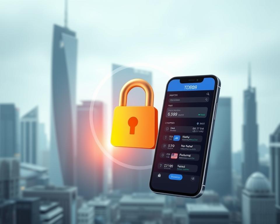 A sleek and secure financial transaction, guarded by state-of-the-art cybersecurity measures. In the foreground, a TD88 digital wallet app showcases seamless money transfers, encrypted to protect sensitive data. The middle ground features a stylized padlock icon, symbolizing the ironclad safeguards in place. In the background, a cityscape of towering skyscrapers and futuristic architecture sets the tone of modern, cutting-edge finance. Soft lighting and a muted color palette convey a sense of trust, reliability, and unwavering protection for personal and business transactions.