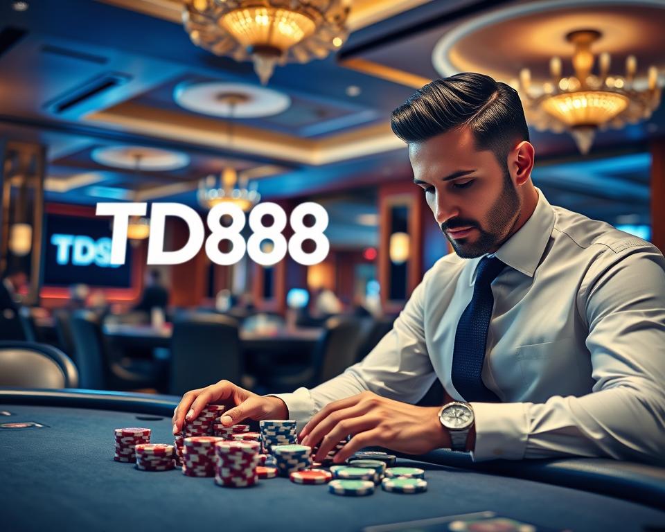 A sleek casino environment with a man meticulously managing his bankroll, conveying the importance of responsible gambling. In the foreground, a well-dressed gentleman sits at a casino table, studying stacks of casino chips with a focused expression. The middle ground features the elegant casino interior, with plush seating, ornate chandeliers, and a sense of exclusivity. In the background, a subtle TD88 logo hints at the brand's association with responsible casino practices. The overall mood is one of strategic control, financial prudence, and the careful navigation of the casino landscape.