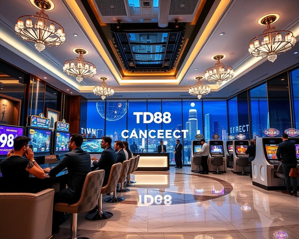 A sleek, modern casino-style gaming portal with the TD88 logo prominently displayed. The scene depicts a well-lit, luxurious interior with plush seating, polished marble floors, and high ceilings adorned with ornate chandeliers. In the foreground, a group of stylishly dressed individuals are engrossed in an immersive online gaming experience, their faces illuminated by the glow of large, high-definition displays. The middle ground features a concierge desk and a queue of eager players waiting to join the action. The background showcases a panoramic view of a vibrant, neon-lit cityscape, hinting at the excitement and energy of the thriving online gaming industry in 2025.