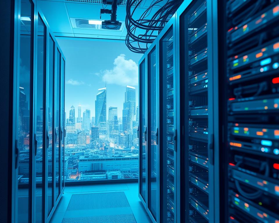 A sleek, modern data center showcasing the power of cloud computing. In the foreground, a rack of state-of-the-art servers hum with energy, their LED lights casting a soft glow. In the middle ground, a network of cables and fiber optic lines weave together, connecting the hardware to the cloud. The background features a futuristic city skyline, with towering skyscrapers and a vibrant, neon-lit cityscape, representing the TD88 casino's cutting-edge technology. The scene is bathed in a cool, blue-tinted lighting, creating a sense of technological sophistication and efficiency.