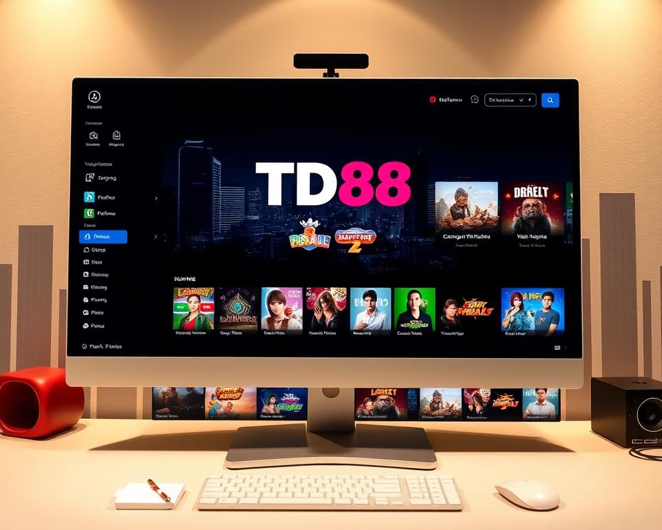 A sleek, visually appealing desktop interface showcasing the popular Vietnamese gaming platform TD88. The foreground features a clean, minimalist design with a focus on card game icons and gaming menus. The middle ground highlights various game titles and player avatars, conveying a sense of an active, thriving community. The background subtly depicts a modern, urban cityscape, hinting at the platform's widespread appeal and integration with Vietnamese culture. The lighting is soft and warm, creating a welcoming and trustworthy atmosphere. The overall composition and attention to detail reflect the reliability and credibility of this leading Vietnamese online gaming platform.