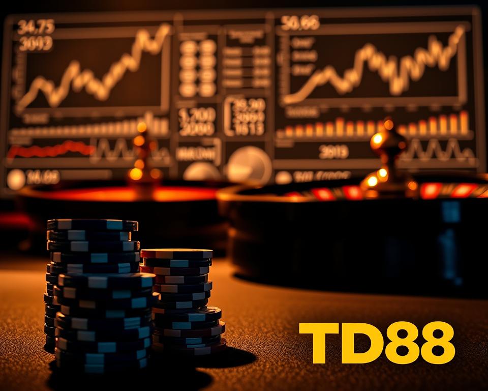 A sophisticated composition showcasing the key factors influencing betting odds. In the foreground, a stack of casino chips casts dynamic shadows, conveying the high-stakes nature of the subject. In the middle ground, a roulette wheel spins, its intricate mechanics hinting at the complex mathematical calculations behind the odds. In the background, a sleek, minimalist display of statistical graphs and charts, illuminated by warm, directional lighting that lends an air of authority and credibility. The overall atmosphere is one of analytical precision, reflecting the need to deeply understand the influential elements that shape betting ratios. The TD88 logo stands prominently, reinforcing the brand's expertise in this domain.
