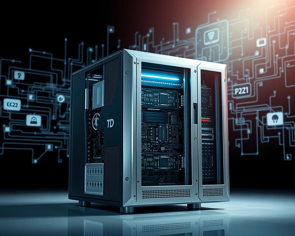 A state-of-the-art TD88 computer system, its sleek metallic chassis gleaming under crisp studio lighting, stands at the center of the frame. Intricate circuit boards and microchips are visible through transparent panels, conveying the complex technological infrastructure powering the innovative lottery distribution network. In the background, a stylized visualization of data flows and encrypted transmissions creates an atmosphere of advanced digital security. The overall impression is one of cutting-edge technological prowess, perfectly suited to illustrate the groundbreaking "Công nghệ phân phối sản phẩm đột phá" in the article on Vietlott's computational lottery systems.