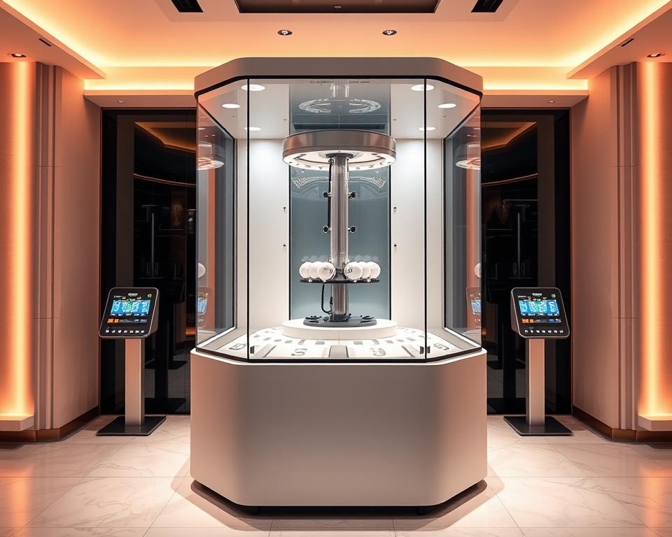 A state-of-the-art automated lottery drawing system, the TD88 Lottery Machine stands as the centerpiece of a modern Vietlott gaming hall. Sleek and minimalist in design, the machine is bathed in a soft, warm light that creates an atmosphere of anticipation and excitement. The tempered glass enclosure showcases the intricate inner workings, with precision ball chambers and a high-speed rotating mechanism that adds a touch of technological wonder. Flanked by sophisticated digital displays, the machine exudes an aura of trustworthiness and reliability, perfectly suited to facilitate the fair and transparent drawing of Vietlott's coveted numbers.