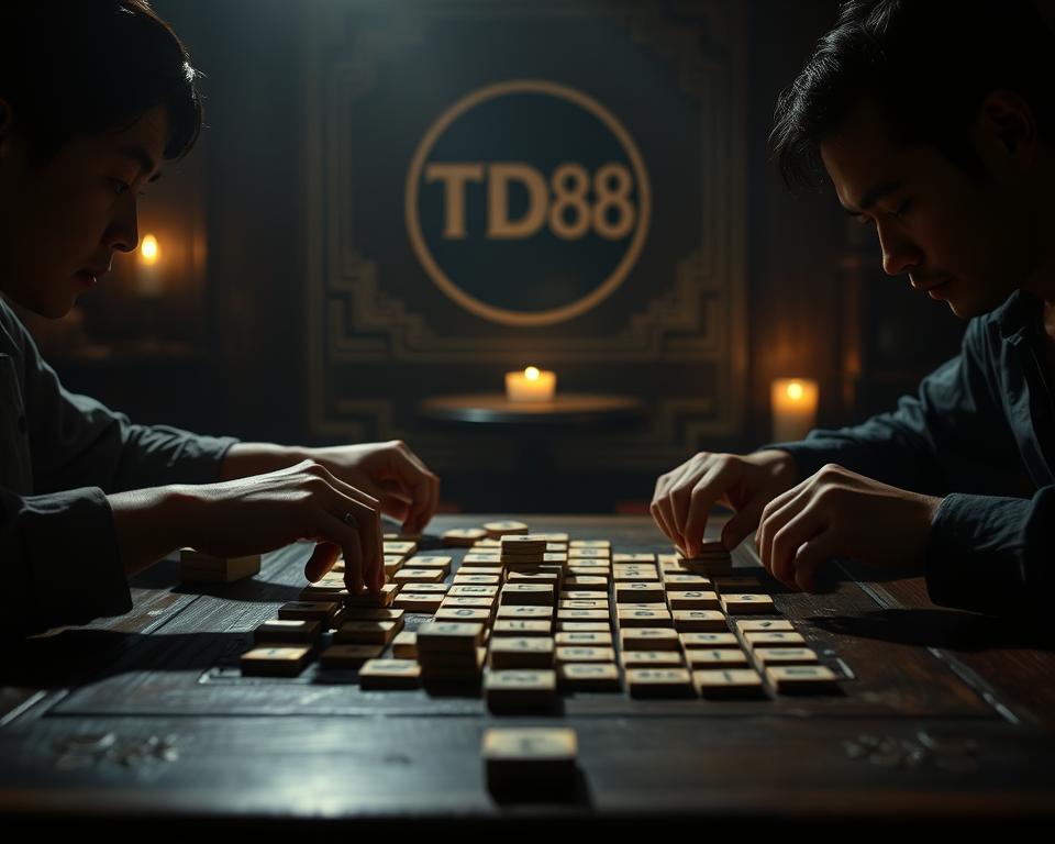 A strategic mậu binh game unfolding on a dark wooden table, dimly lit by warm candlelight. The players' hands carefully arrange their tiles, their faces shrouded in shadows, intense concentration etched on their features. In the background, the iconic TD88 logo stands out, a testament to the game's legacy. The scene evokes a sense of tradition, intensity, and the thrill of outsmarting one's opponents through masterful tactics. Cinematic angles and chiaroscuro lighting lend an air of drama and suspense to the tableau.