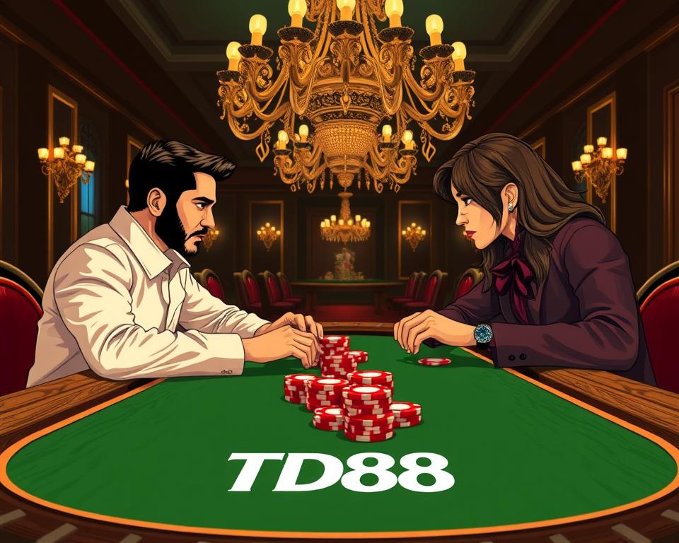 A stylized illustration of a poker game table with elegant wood grain textures, green felt, and shiny, well-worn poker chips. In the foreground, two players face each other, their expressions focused and intense, hands hovering over their cards. The background features a dimly lit, sophisticated casino atmosphere, with ornate chandeliers casting a warm glow. The overall tone is one of strategic depth and timeless charm. The TD88 logo is prominently displayed on the poker table's edge.