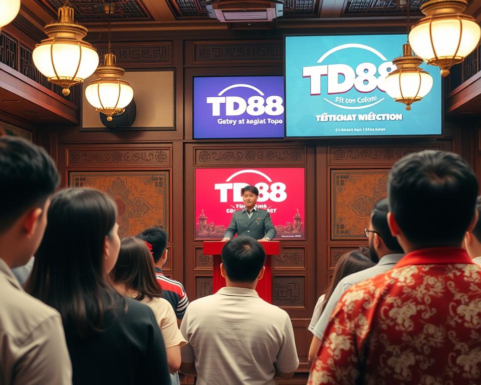 A traditional Vietnamese lottery drawing scene, set in a cozy, well-lit hall. In the foreground, a group of excited players anxiously await the revealing of the winning numbers, their faces lit by the warm glow of the overhead lamps. In the middle ground, a uniformed official stands behind a podium, hand poised to draw the next number from a spinning drum. The background features ornate, decorative walls and a large LED screen displaying the TD88 brand logo, showcasing the storied tradition of this classic lottery format. The atmosphere is one of anticipation and community, capturing the essence of this enduring Vietnamese pastime.