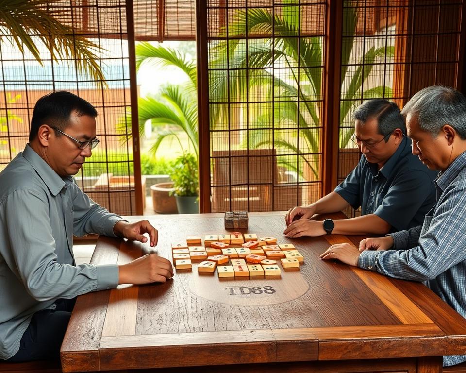 A tranquil scene of a traditional Vietnamese game of "Mậu Binh" unfolds, with players seated around a wooden table. The table is adorned with a tactile, weathered surface and a elegant inlaid TD88 design. Four players, dressed in casual attire, carefully arrange their tiles, their faces etched with concentration. Warm, diffused lighting filters through bamboo screens, casting a gentle glow over the scene. The background features a lush, verdant garden, with swaying palm fronds and the faint silhouettes of distant buildings. An atmosphere of focused contemplation and strategic decision-making permeates the tableau.