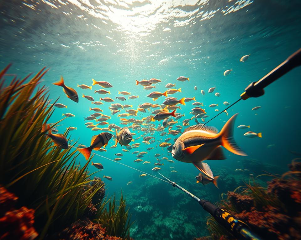 A tranquil underwater scene, where schools of vibrant fish swim gracefully amidst lush seagrass and coral formations. In the foreground, a skilled angler, using the TD88 fishing rod, expertly maneuvers their line, guiding a trophy-sized fish towards the net. The middle ground features an array of colorful aquatic life, captured in a sharp, cinematic focus, while the background is softly blurred, creating a sense of depth and atmosphere. The lighting is natural and diffused, casting a warm, golden glow over the entire composition, evoking a peaceful, serene mood. The camera angle is slightly elevated, providing an immersive, first-person perspective, drawing the viewer into the tranquil world of effective fish hunting.