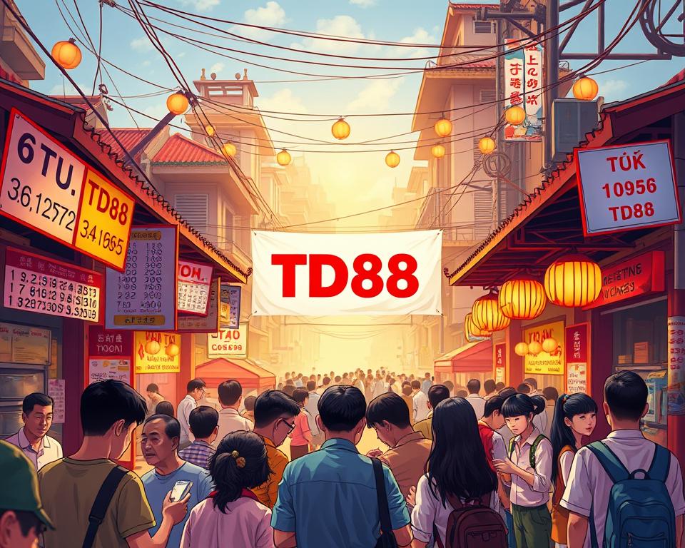 A vibrant and captivating illustration of the traditional Vietnamese lottery game "trò chơi lô đề". The scene depicts a bustling marketplace, with vendors eagerly selling lottery tickets amidst a colorful array of handwritten number boards and lively chatter. In the foreground, a group of players huddle over their tickets, their faces alight with anticipation. The middle ground showcases the iconic "TD88" brand, prominently displayed on a large banner. In the background, a rich tapestry of architectural details and pedestrian activity sets the stage for this time-honored pastime. Warm lighting casts a welcoming glow, while the composition captures the essence of the game's thrilling unpredictability and community spirit.