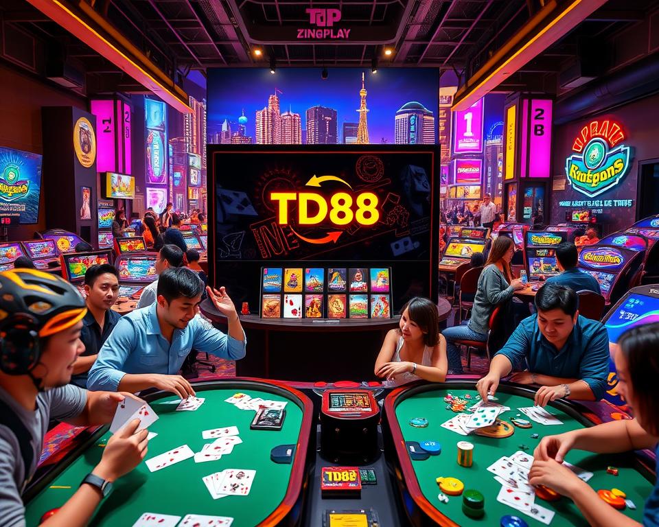 A vibrant and dynamic game scene showcasing the diverse offerings of the ZingPlay platform. In the foreground, players enthusiastically engage in a variety of card and casino-style games, their expressions animated with excitement. The middle ground features a sleek and modern game lobby, with the brand name "TD88" prominently displayed, inviting users to explore the platform's extensive game selection. The background depicts a lively, neon-lit cityscape, adding to the energetic atmosphere. The lighting is warm and inviting, creating a sense of immersion and entertainment. The overall composition captures the thrill and allure of the ZingPlay gaming experience, enticing viewers to discover the platform's exceptional free-to-play offerings.