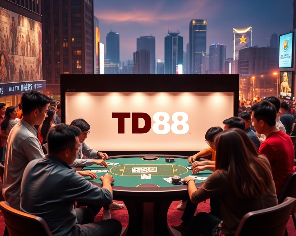A vibrant and dynamic scene showcasing the latest trends in Vietnamese card game community. In the foreground, a group of enthusiastic players gather around a gaming table, engaged in an intense card battle. The middle ground features a sleek and modern TD88 gaming platform, its minimalist design and bold branding catching the eye. In the background, a cityscape of skyscrapers and bustling streets sets the urban tone, hinting at the integration of technology and the card game culture. Warm lighting casts a cozy atmosphere, while the composition and camera angle capture the energy and excitement of the 2023 card game landscape.