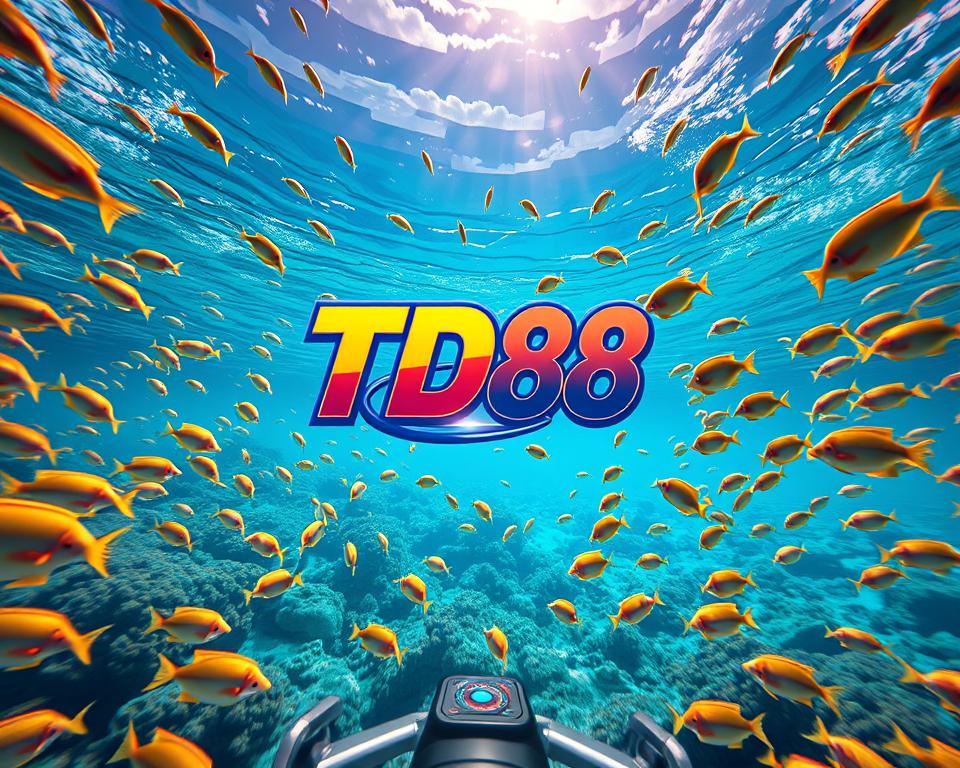 A vibrant and fast-paced underwater scene featuring the latest version of the popular "TD88" fishing game. The player's viewpoint is submerged, surrounded by a colorful array of tropical fish darting through the crystal-clear waters. In the foreground, a large, animated TD88 logo dominates the frame, its sleek and modern design accentuated by dynamic lighting effects. The middle ground showcases a variety of engaging mini-games and challenges, with schools of fish reacting to the player's movements and touch-based controls. The background features a stunning seascape, complete with sunlight filtering through the water and a sense of boundless exploration. The overall atmosphere conveys the thrill and excitement of high-speed, high-stakes fishing in the year 2025.