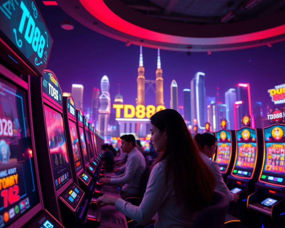 A vibrant and immersive digital casino scene in 2025, featuring the popular online slot game "TD88". The foreground showcases a sleek and modern gaming interface, with smooth animations and high-resolution graphics. In the middle ground, players engage in the game, their faces lit by the warm glow of the screen, creating an atmosphere of excitement and anticipation. The background depicts a futuristic cityscape, with towering skyscrapers and a vibrant, neon-lit skyline, conveying a sense of technological advancement and the thrill of online gaming. The lighting is soft and atmospheric, creating a sense of depth and drama. The overall mood is one of excitement, innovation, and the promise of big rewards in the world of online gaming.