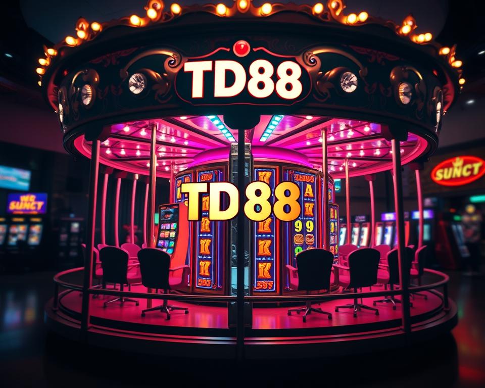 A vibrant carousel filled with colorful slots, flashing lights, and the alluring TD88 logo, inviting players to experience the thrill of free spins. The carousel's sleek, metallic frame casts dynamic shadows, creating a captivating, high-contrast scene. The background blurs into a soft, hazy gradient, drawing the viewer's focus to the mesmerizing motion of the spinning reels. Crisp, realistic textures and a cinematic, slightly moody lighting evoke a sense of excitement and anticipation, perfectly capturing the essence of maximizing free spins to earn profits.