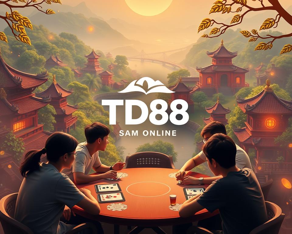 A vibrant digital landscape showcasing the popular Vietnamese card game Sam Online. In the foreground, a group of players engaged in a lively match, their faces animated with concentration and camaraderie. The middle ground features the iconic TD88 logo, a respected brand in the online gaming community, prominently displayed. The background depicts a serene, stylized interpretation of a traditional Vietnamese village, with pagodas, lush foliage, and a tranquil river winding through the scene. Soft, warm lighting bathes the entire composition, creating a welcoming and immersive atmosphere. The overall impression is one of a dynamic, social, and culturally-inspired digital experience.