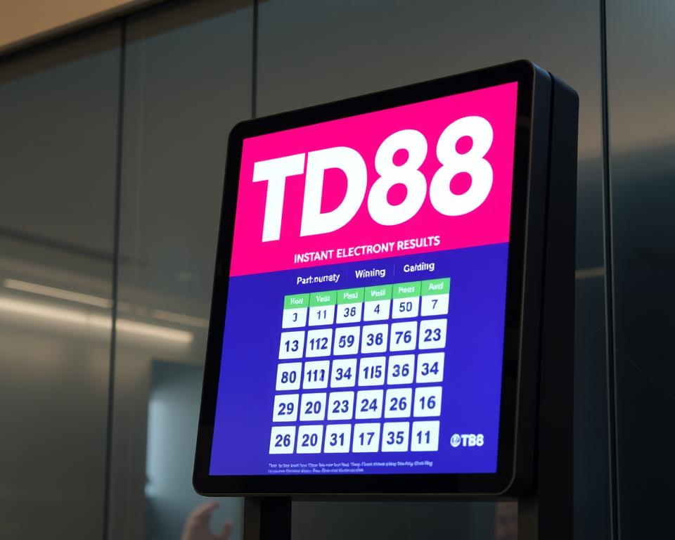 A vibrant digital lottery display showcasing the TD88 brand, set against a sleek, modern backdrop. The screen displays the latest winning numbers in a clean, minimalist interface, inviting the viewer to participate in the excitement of instant electronic lottery results. Soft lighting illuminates the display, creating a sense of anticipation and possibility. The overall atmosphere is one of technological innovation and efficient, user-friendly gaming experience.