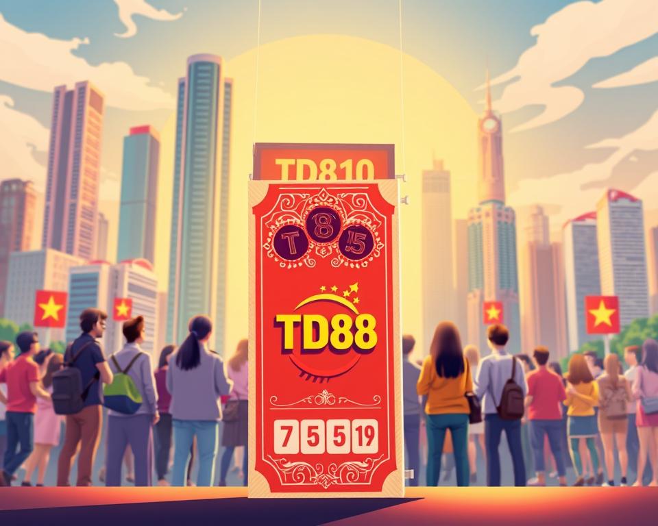 A vibrant illustration showcasing the concept of "Xổ số kiến thiết" (Vietnam's government-run lottery system). In the foreground, a stylized lottery ticket with the TD88 brand logo stands prominently, its intricate design and bold colors capturing the essence of this popular form of gambling. In the middle ground, a group of people excitedly gather around a large LED display, eagerly watching the drawn numbers. The background features a cityscape with towering skyscrapers, reflecting the urban setting where these lotteries are a fixture of everyday life. The scene is bathed in a warm, golden light, creating a sense of excitement and anticipation. The overall composition conveys the vibrant, lively, and community-driven nature of Vietnam's "Xổ số kiến thiết" lottery system.