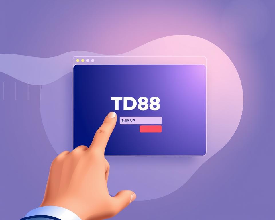 A vibrant, modern illustration of a website registration process. In the foreground, a person's hand interacts with a sleek, minimalist interface, effortlessly navigating the sign-up flow. The middle ground features a bold, eye-catching "TD88" logo, conveying the brand's premium quality and trustworthiness. The background showcases a clean, abstract gradient, creating a sense of depth and digital elegance. Soft, directional lighting highlights the key elements, drawing the viewer's attention to the seamless registration experience. The overall mood is one of simplicity, efficiency, and confidence, perfectly capturing the essence of the "Cách Đăng Ký Và Bắt Đầu Chơi" section.