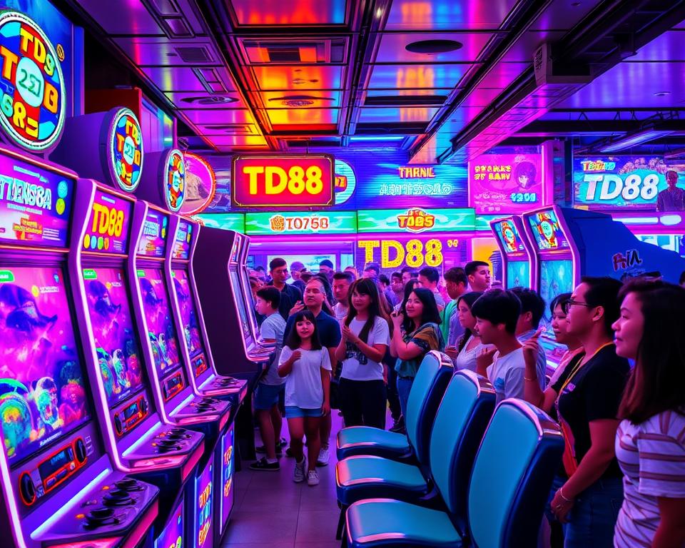 A vibrant, neon-lit game arcade showcasing the thrilling "TD88" brand, drawing crowds with the promise of big cash rewards for skillful fish shooting. In the foreground, sleek gaming cabinets invite players to engage in the high-stakes aquatic battles, their screens casting a mesmerizing glow. The middle ground features a lively gathering of animated patrons, their faces alight with excitement as they compete for the coveted prizes. In the background, the arcade's interior is bathed in a kaleidoscope of vivid colors, creating an atmosphere of energy and anticipation. Carefully composed lighting and a dynamic camera angle emphasize the arcade's alluring atmosphere, enticing viewers to join the action-packed fishing frenzy.